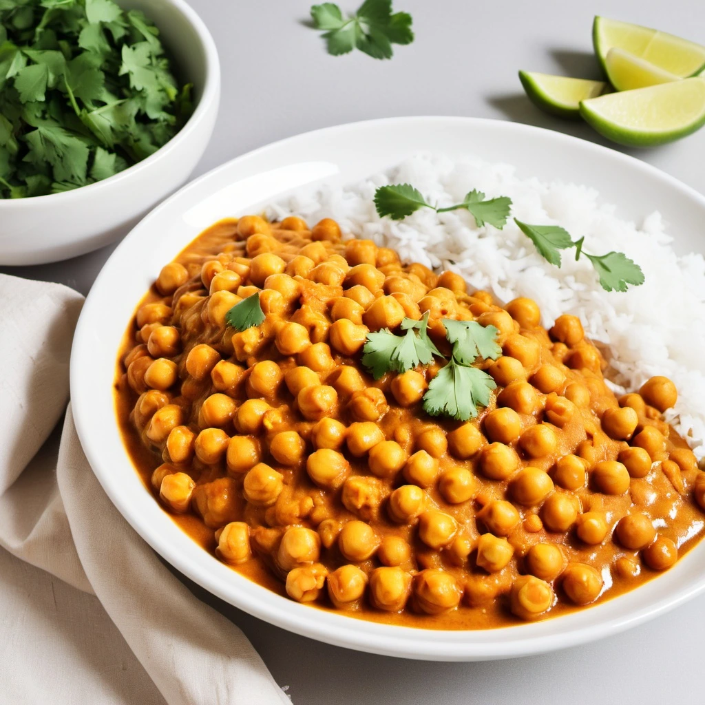 A bowl of creamy chickpea curry garnished with fresh cilantro, served with steaming white rice. The rich golden sauce glistens, with visible chunks of tender chickpeas and aromatic spices