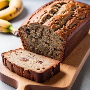 A sliced loaf of vegan banana bread on a rustic wooden board, showing its soft, moist texture. The bread is golden brown, with visible banana specks and optional walnuts on top, surrounded by fresh bananas and a cozy kitchen setting.