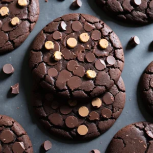 A soft and chewy vegan chocolate cookie with a rich cocoa flavor, studded with dairy-free chocolate chips.