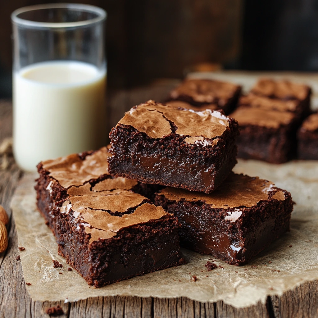 A rich and fudgy gluten-free vegan brownie with a glossy top, topped with chocolate chips and a dusting of cocoa powder.