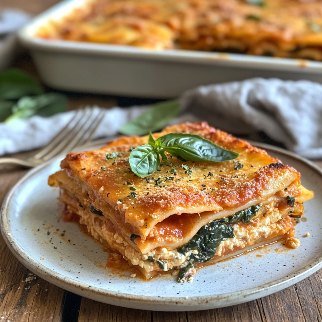 A top-down view of a freshly baked vegan lasagna slice on a rustic white plate. The lasagna features layers of rich tomato sauce, creamy cashew ricotta, fresh spinach, and perfectly baked pasta sheets. The golden, slightly crispy top is sprinkled with melted vegan cheese. The plate sits on a warm wooden table, with soft natural lighting enhancing the textures and colors of the dish.
