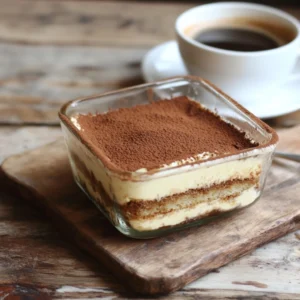 A slice of homemade gluten-free vegan tiramisu served on a white plate, featuring creamy cashew mascarpone layers, espresso-soaked gluten-free sponge cake, and a dusting of cocoa powder. A fork rests beside it, with a cup of espresso in the background.