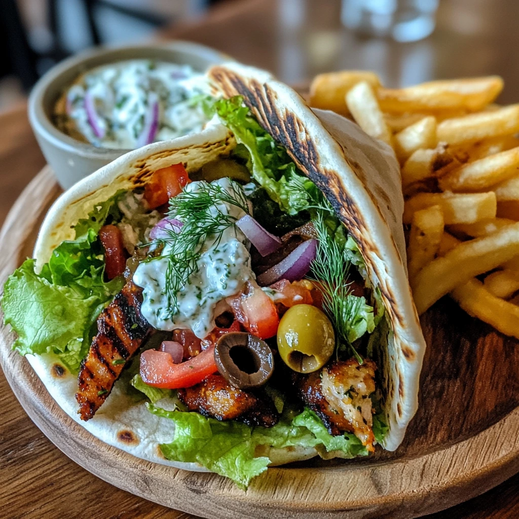 A delicious vegan gyro wrap filled with marinated jackfruit, fresh lettuce, diced tomatoes, red onions, and creamy dairy-free tzatziki sauce, served on a rustic wooden plate with a side of crispy fries and extra tzatziki.