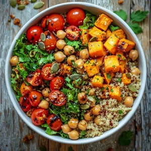 A bowl of colorful quinoa and roasted vegetable salad, featuring fluffy quinoa, cherry tomatoes, golden roasted sweet potatoes, and chickpeas, garnished with pumpkin seeds. The dish is served in a white ceramic bowl with a drizzle of balsamic dressing, set on a clean wooden surface.