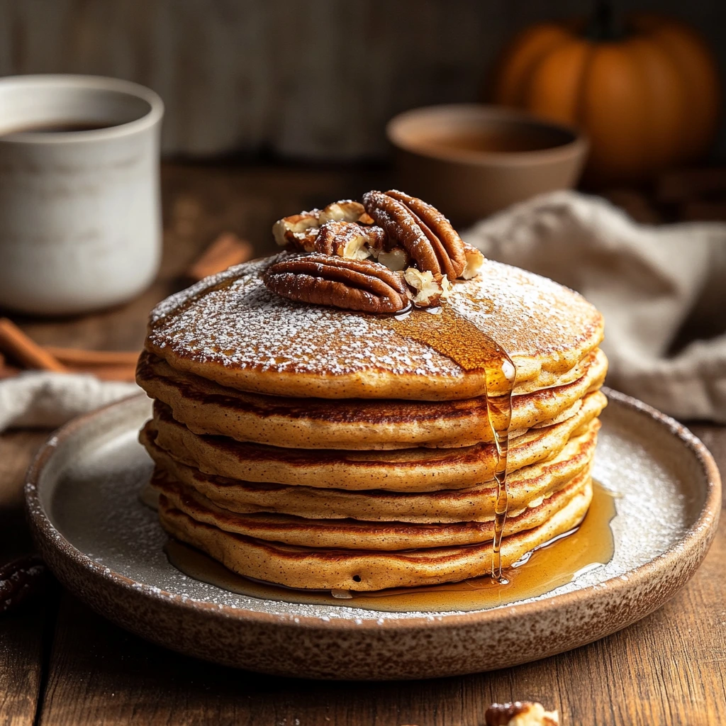 A stack of fluffy vegan pumpkin pancakes on a rustic wooden plate, drizzled with maple syrup and topped with pecans. The golden-brown pancakes have a soft, airy texture with hints of cinnamon and nutmeg. A fork with a cut piece reveals the moist, spiced interior. Surrounding the plate are a steaming cup of coffee, cinnamon sticks, and a bowl of pumpkin purée, creating a warm autumn atmosphere.