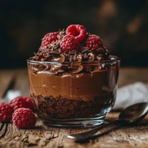 A rich and creamy vegan chocolate avocado mousse served in a glass cup, topped with chocolate shavings and fresh raspberries. The mousse has a smooth, velvety texture with a deep chocolate color, set on a rustic wooden table with a spoon beside it.