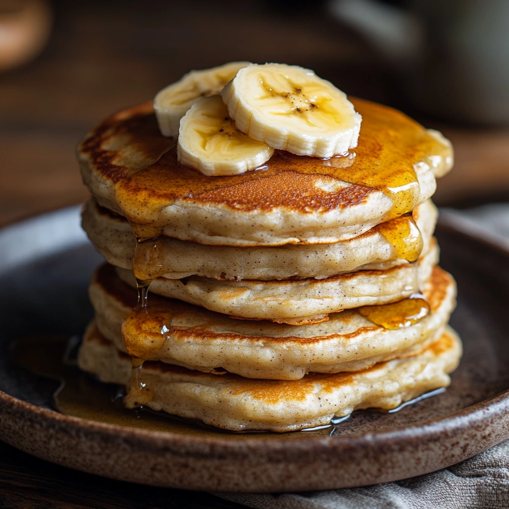 A tall stack of fluffy vegan banana pancakes, golden-brown and topped with sliced bananas, fresh berries, and a drizzle of maple syrup. The pancakes are placed on a rustic plate with a fork beside them, set on a wooden breakfast table with soft natural lighting.