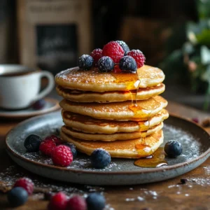 A stack of fluffy golden-brown vegan pancakes topped with fresh berries and drizzled with maple syrup on a white plate.