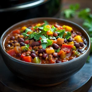 A steaming bowl of slow cooker vegan chili filled with black beans, kidney beans, and lentils in a rich tomato-based sauce, garnished with fresh cilantro and avocado. The chili is served with a side of golden cornbread on a rustic wooden table.