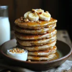 A tall stack of fluffy vegan protein pancakes, golden brown and topped with fresh banana slices, drizzled with maple syrup, and sprinkled with crushed nuts. The pancakes sit on a rustic ceramic plate with a small bowl of coconut yogurt and a glass of almond milk in the background.