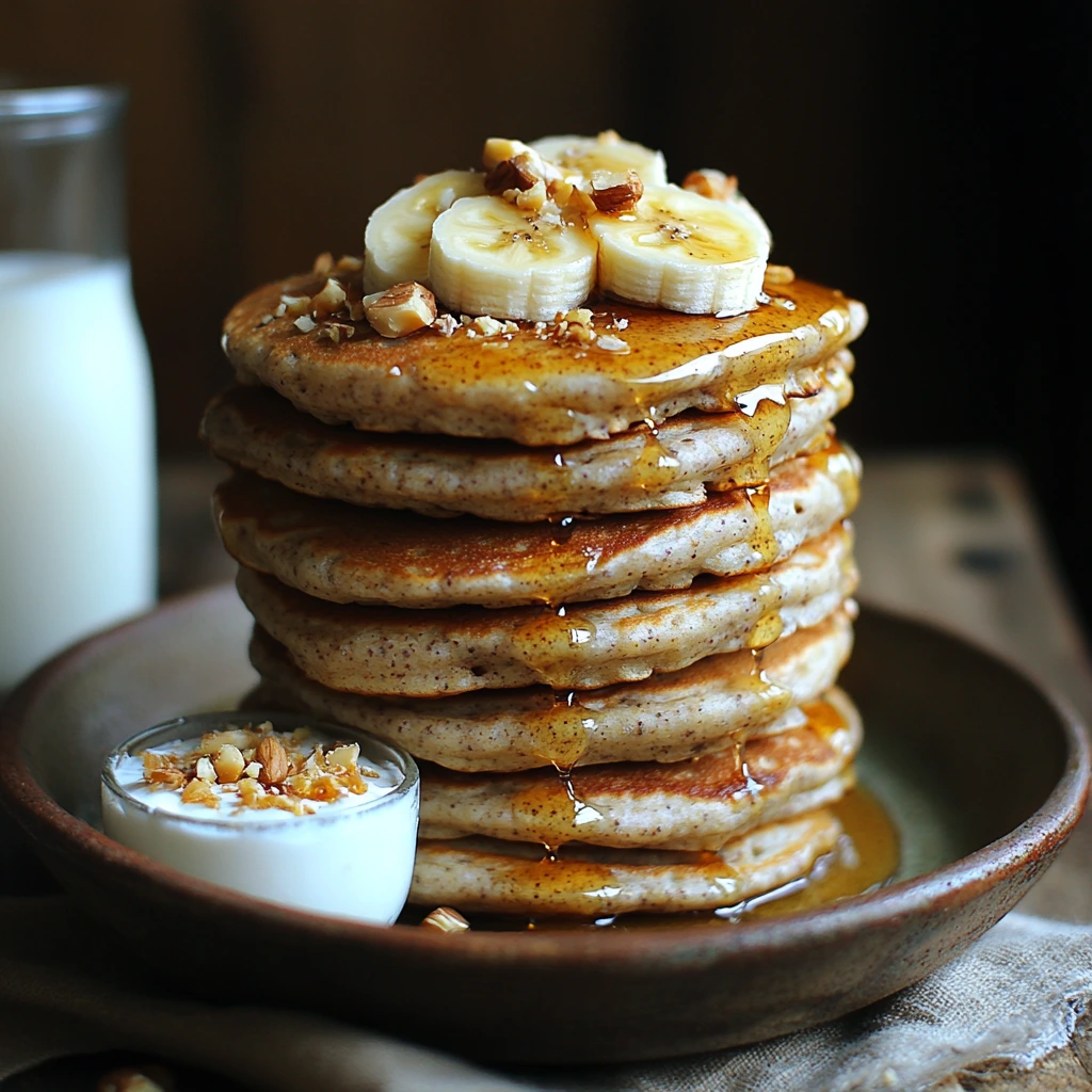 A tall stack of fluffy vegan protein pancakes, golden brown and topped with fresh banana slices, drizzled with maple syrup, and sprinkled with crushed nuts. The pancakes sit on a rustic ceramic plate with a small bowl of coconut yogurt and a glass of almond milk in the background.
