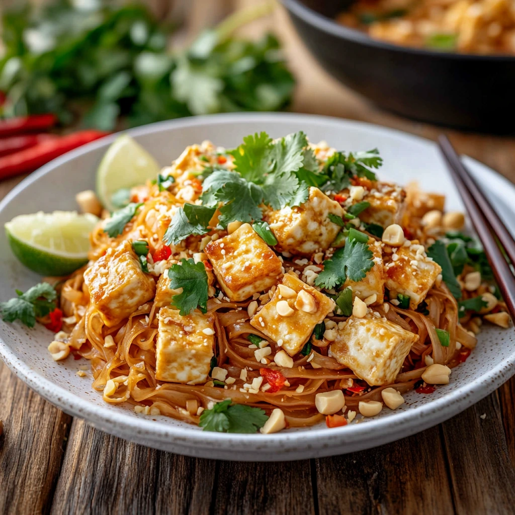 A bowl of Tofu Pad Thai with crispy golden tofu cubes, rice noodles coated in a glossy tamarind sauce, garnished with crushed peanuts, fresh cilantro, and lime wedges. Served on a rustic wooden table with chopsticks resting on the side.
