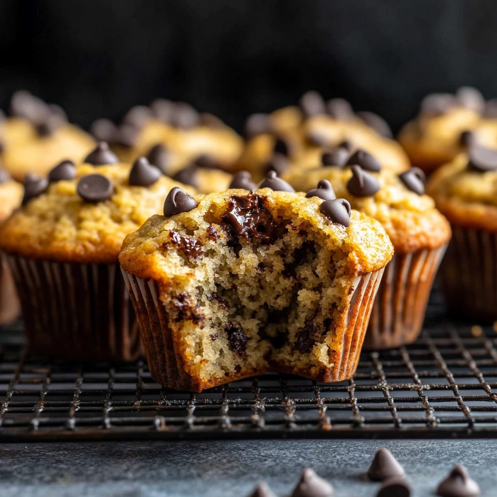 A batch of freshly baked vegan banana chocolate chip muffins with golden tops, cooling on a wire rack. Some muffins are broken in half, revealing a soft, fluffy interior with melted chocolate chips. The scene is set on a rustic wooden table with a cup of coffee in the background.