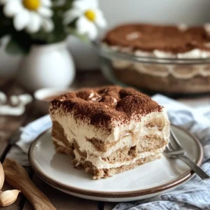 A slice of creamy vegan tiramisu on a white plate, showing its delicate layers of coffee-soaked sponge and rich dairy-free mascarpone. The top is dusted with cocoa powder, and the dessert is garnished with a few chocolate shavings and a sprig of mint for a beautiful presentation.