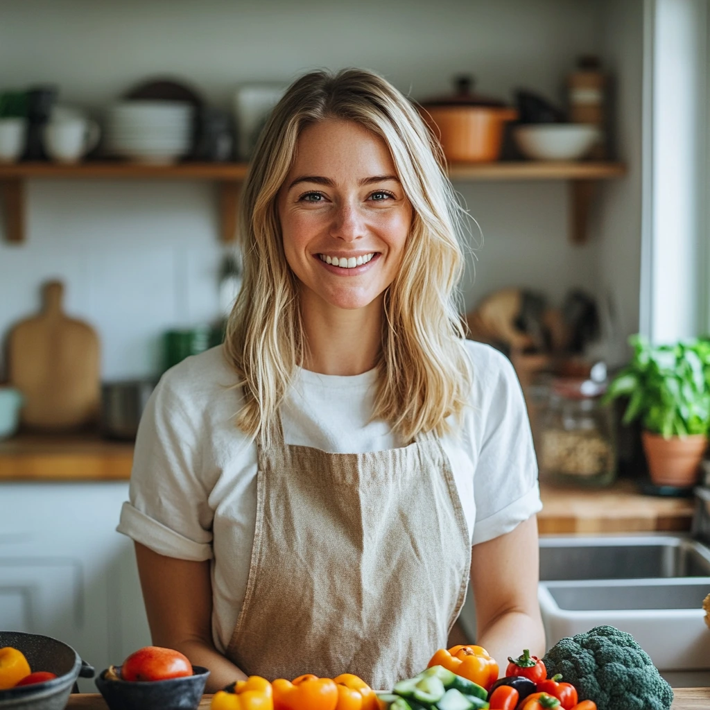 A friendly, young vegan cook with blonde hair, wearing a kitchen apron, smiling warmly in a cozy, modern kitchen surrounded by fresh vegetables and cooking ingredients.