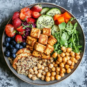 Assorted high-protein vegan meals on a wooden table, including tofu stir-fry, chickpea quinoa salad, protein pancakes with banana, and a smoothie bowl