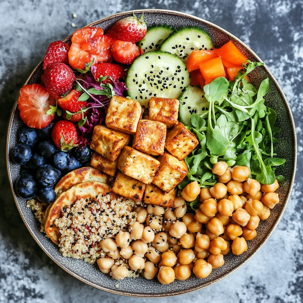 Assorted high-protein vegan meals on a wooden table, including tofu stir-fry, chickpea quinoa salad, protein pancakes with banana, and a smoothie bowl
