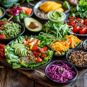 A beautifully arranged spread of raw vegan meals, including a colorful smoothie bowl with fresh fruit, a crisp raw salad with avocado and cherry tomatoes, and lettuce wraps filled with shredded vegetables and cashew dressing, set on a rustic wooden table.