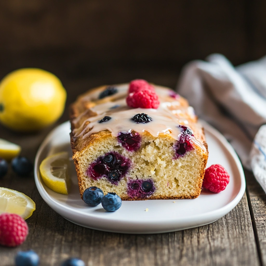 A freshly baked loaf of lemon berry bread with a golden brown crust, sliced to reveal a soft, moist interior filled with blueberries and raspberries. The bread is garnished with fresh berries and a light drizzle of glaze, placed on a rustic wooden table with a lemon wedge beside it.