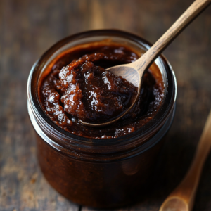 A close-up of a bowl of rich, dark brown tamarind paste, placed on a rustic wooden surface. The paste has a thick, glossy texture, ready for use in cooking.