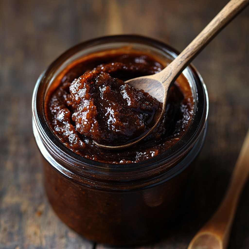 A close-up of a bowl of rich, dark brown tamarind paste, placed on a rustic wooden surface. The paste has a thick, glossy texture, ready for use in cooking.