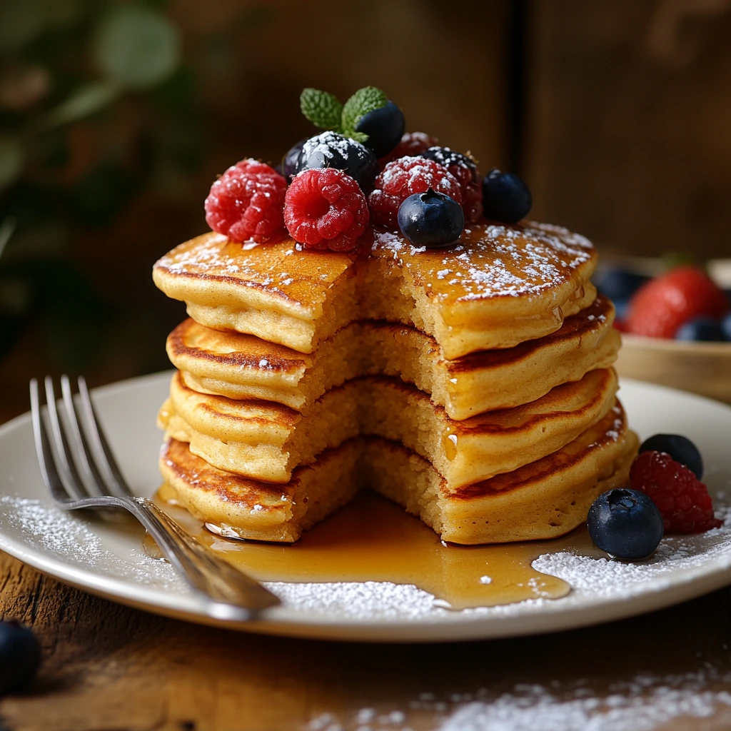 A stack of golden brown eggless pancakes topped with fresh berries and drizzled with maple syrup, served on a white plate with a fork beside it.
