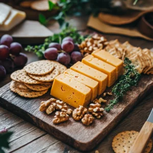 A beautifully arranged vegan cheese board featuring a variety of dairy-free cheeses, including creamy cashew-based, melty coconut oil-based, and firm tofu-based cheeses. The board is surrounded by crackers, fresh fruit, and nuts, creating a gourmet plant-based spread.