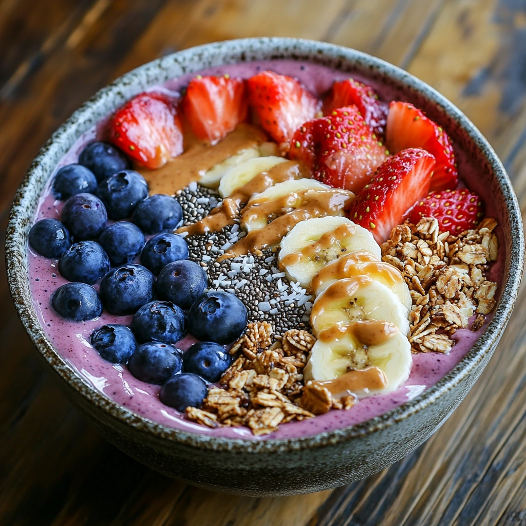 A vibrant raw smoothie bowl with a thick, creamy base of blended bananas and berries, topped with fresh strawberries, blueberries, chia seeds, shredded coconut, and granola, served in a rustic coconut bowl on a wooden table.