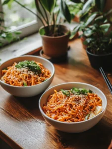 Spicy gochujang noodles topped with scallions, sesame seeds, and bok choy in a rustic bowl on a wooden table