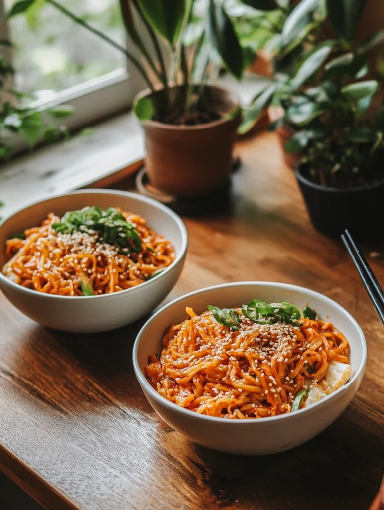 Spicy gochujang noodles topped with scallions, sesame seeds, and bok choy in a rustic bowl on a wooden table